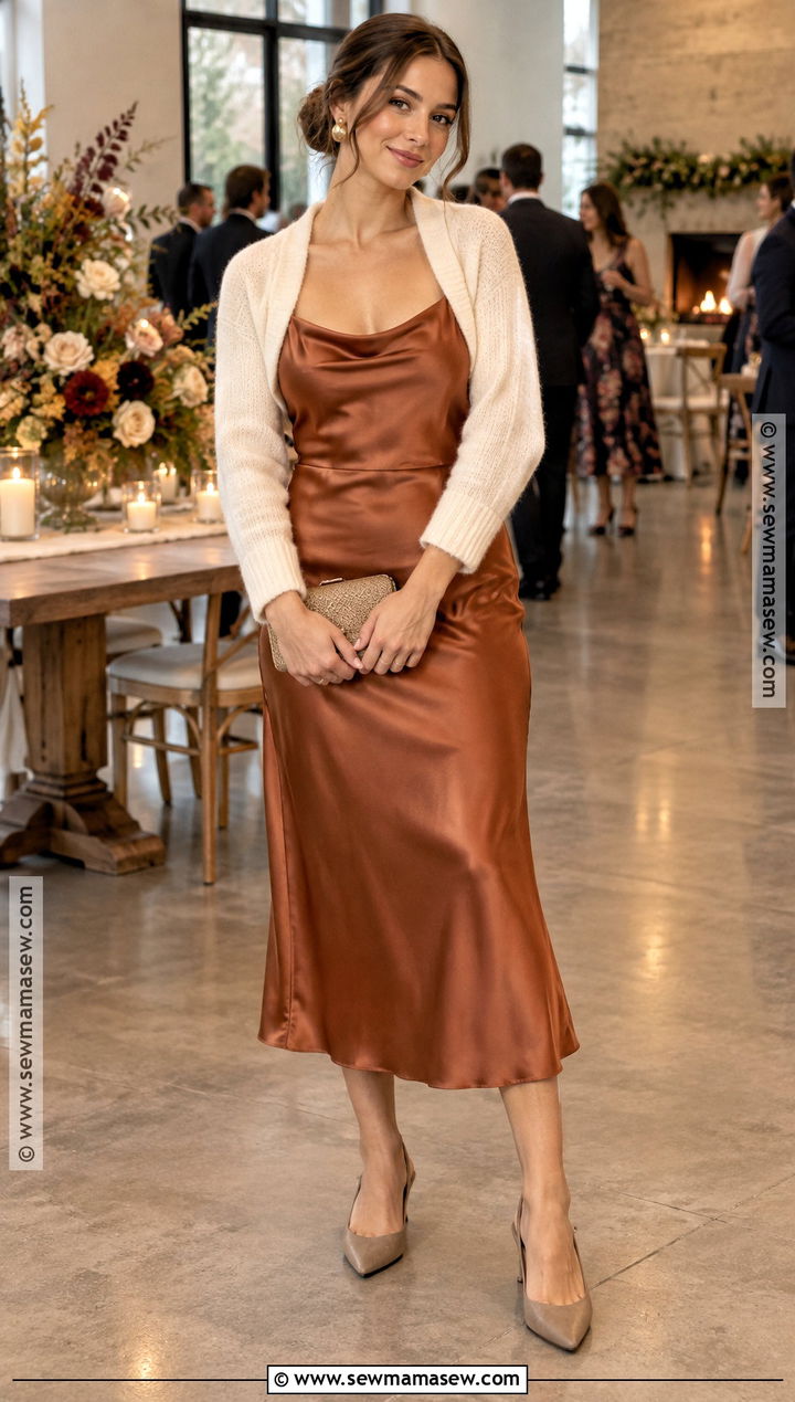 Copper Satin Dress And Bolero Fall Wedding Guest Outfit - 20 fall wedding guest outfit casual ideas
