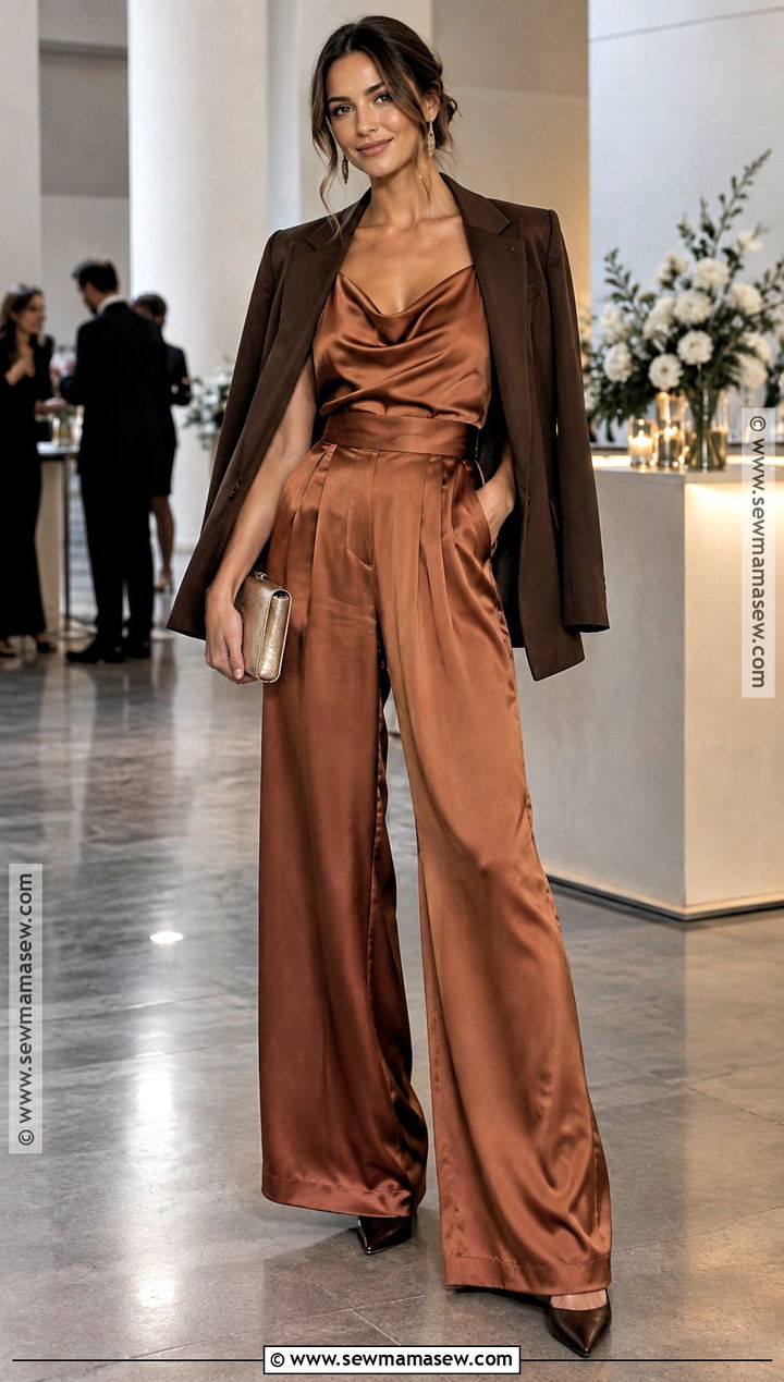 Copper Satin Fall Wedding Guest Jumpsuit - 25 wedding guest outfit fall ideas