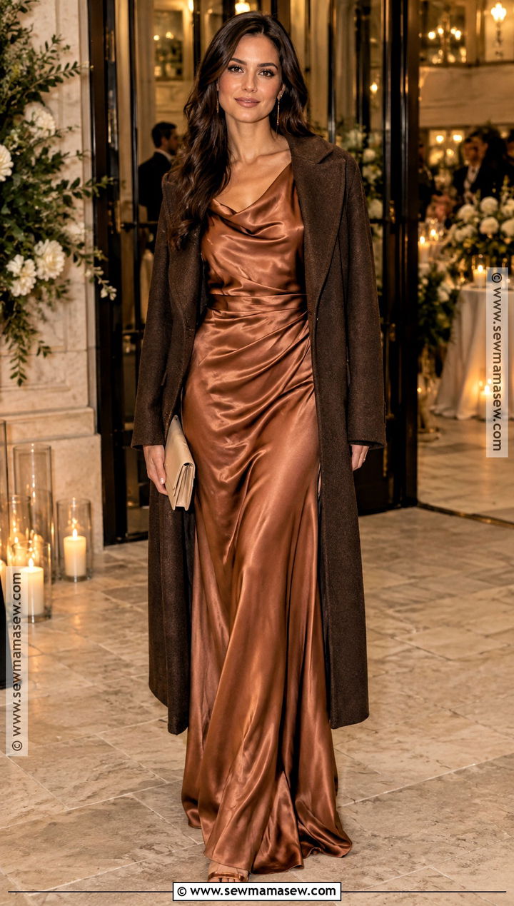 Copper Satin Maxi October Wedding Outfit - 20 october wedding outfit ideas