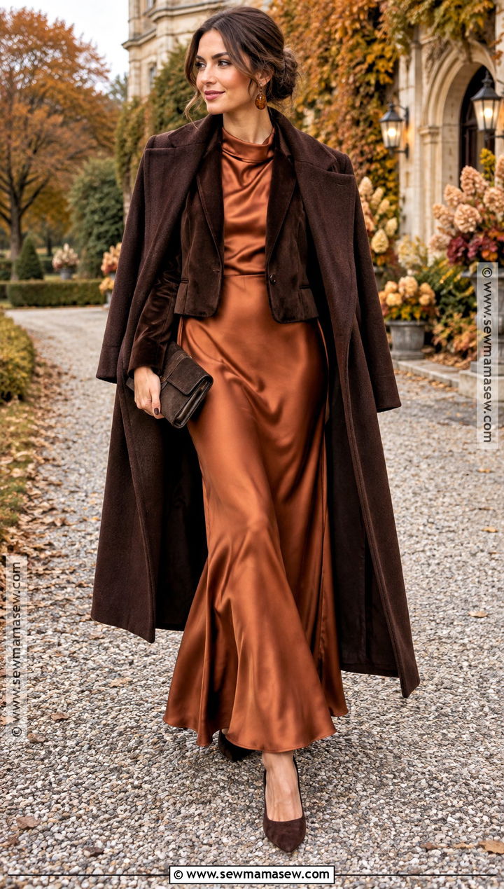 Copper Satin Maxi Wedding Guest Outfit - 20 cold fall wedding guest outfit ideas