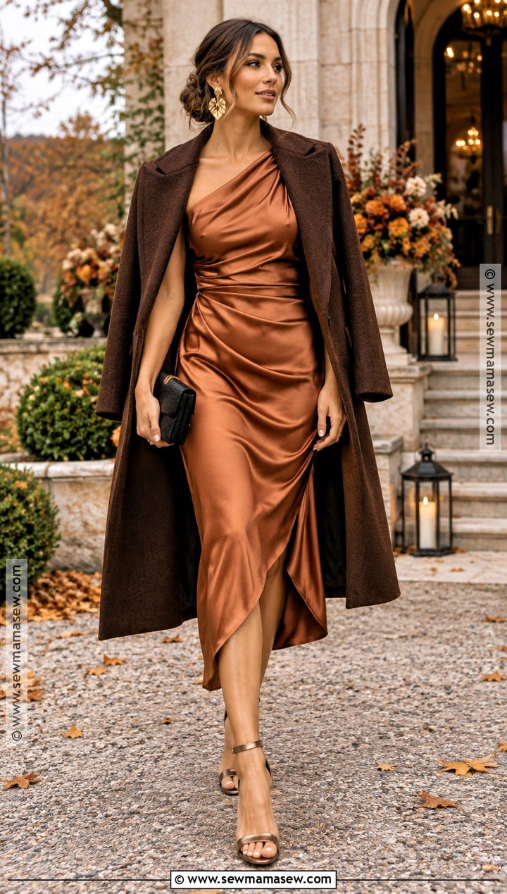 Copper Satin Midi Dress Autumn Wedding Guest Outfit - 25 autumn wedding guest outfit ideas