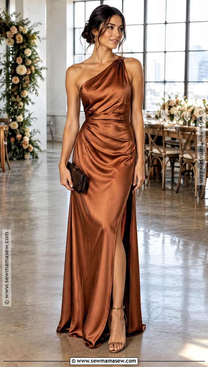 Copper Satin One Shoulder Bridesmaid Dress With Metallic Heels - 25 bridesmaid dresses fall