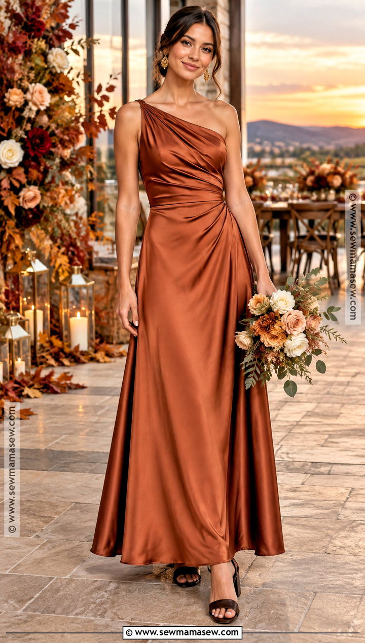Copper Satin One Shoulder Bridesmaid Dress - 20 bridesmaid dresses autumn