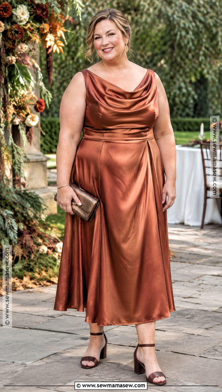 Copper Satin Plus Size Mother of the Bride Midi Dress - 20 mother of the bride dresses plus size fall