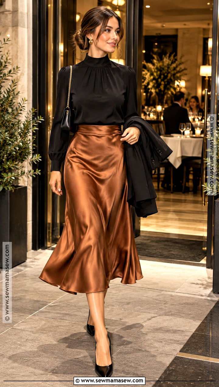 Copper Satin Skirt And Black Blouse Fall Outfit - 25 fall dressy outfits