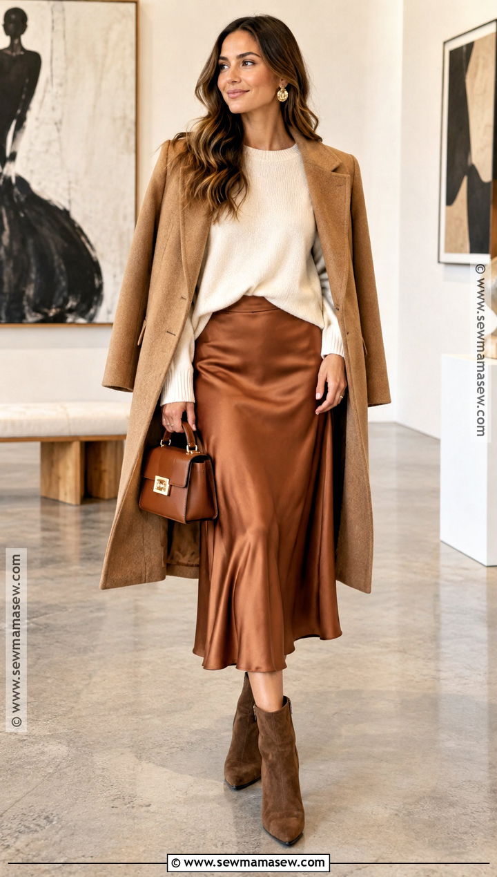 Copper Satin Skirt And Cream Knit Autumn Outfit - 20 Autumn Colour Palette Outfits