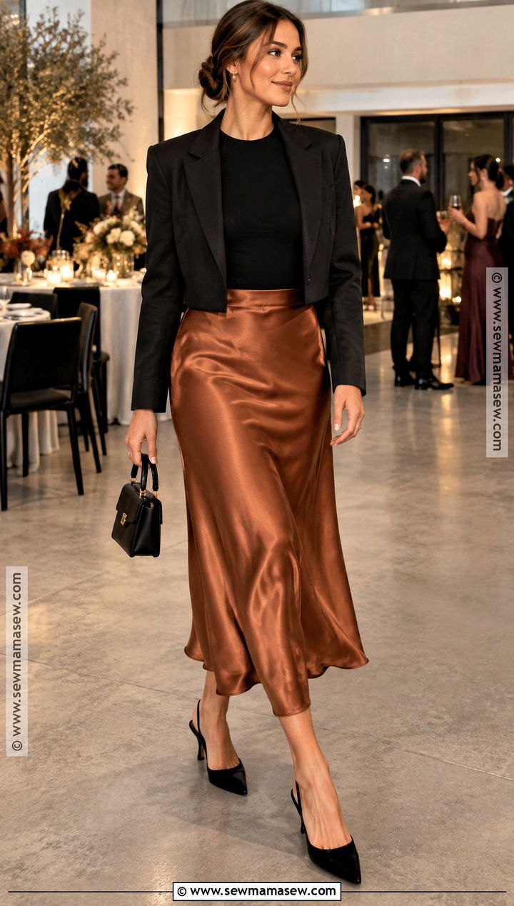 Copper Satin Skirt Outfit For Fall Wedding Guest - 15 fall outfits for wedding guest