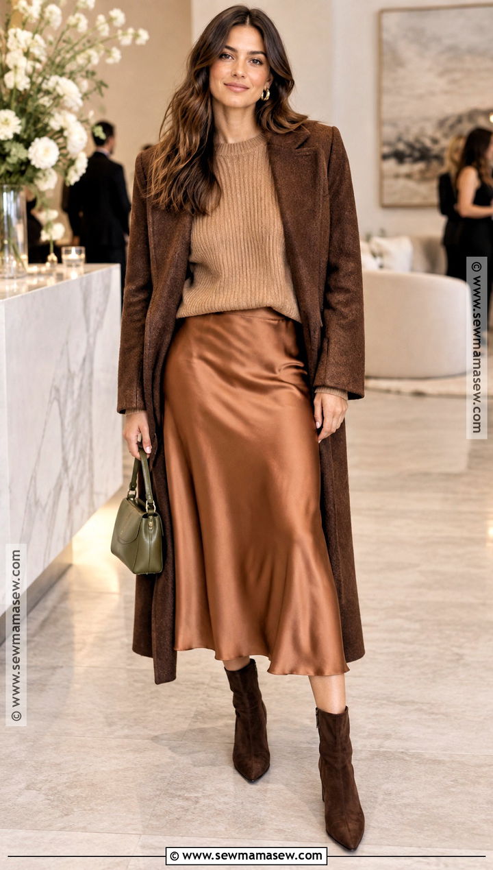 Copper Satin Skirt With Camel Knit Sweater - 15 warm autumn color clothes