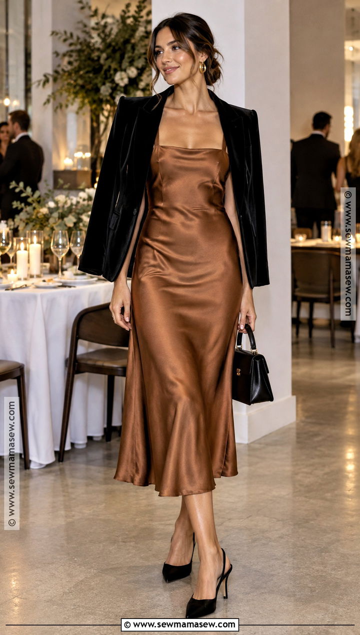 Copper Satin Slip Dress Wedding Guest Outfit - 20 fall wedding guest outfit november ideas