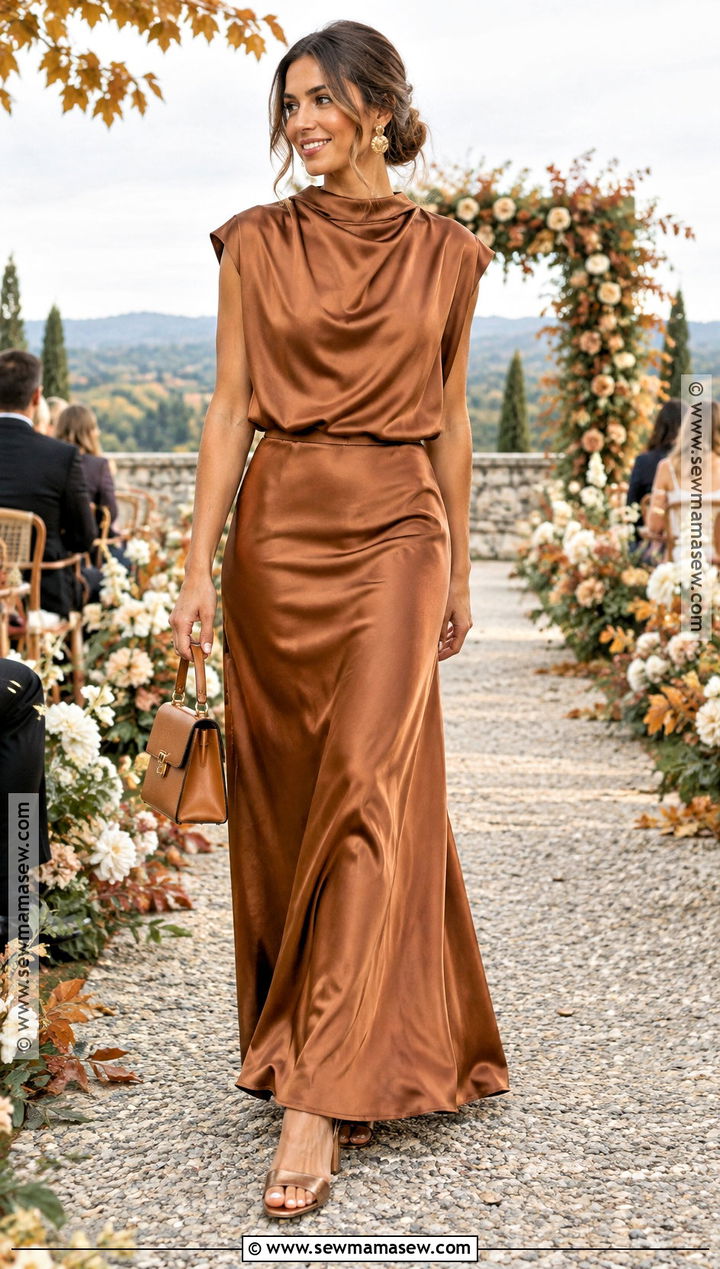 Copper Satin Two Piece Fall Wedding Party Outfit - 20 fall wedding party attire ideas