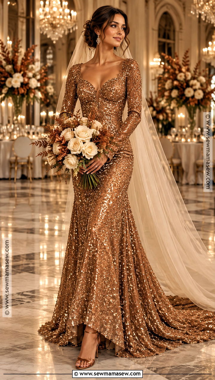 Copper Sequin Fall Wedding Dress - 20 fall color wedding dress ideas