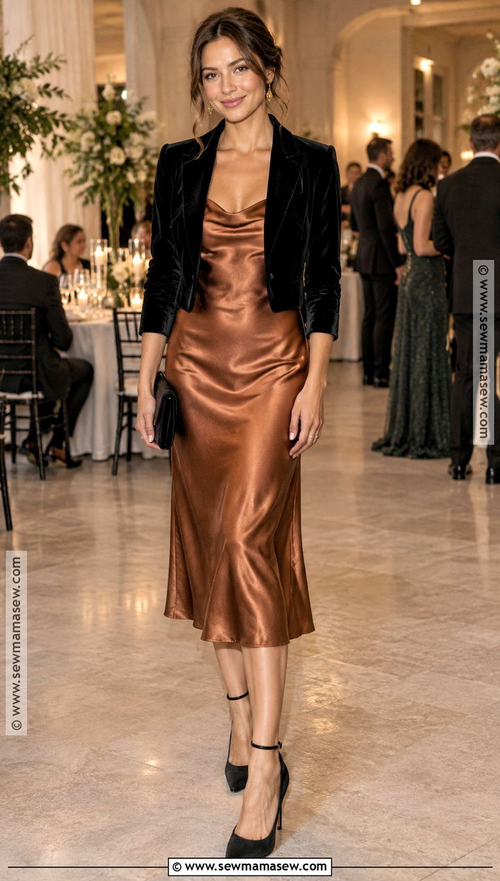 Copper Slip Dress And Cropped Jacket Outfit - 15 Fall Wedding Outfits For Women Guest