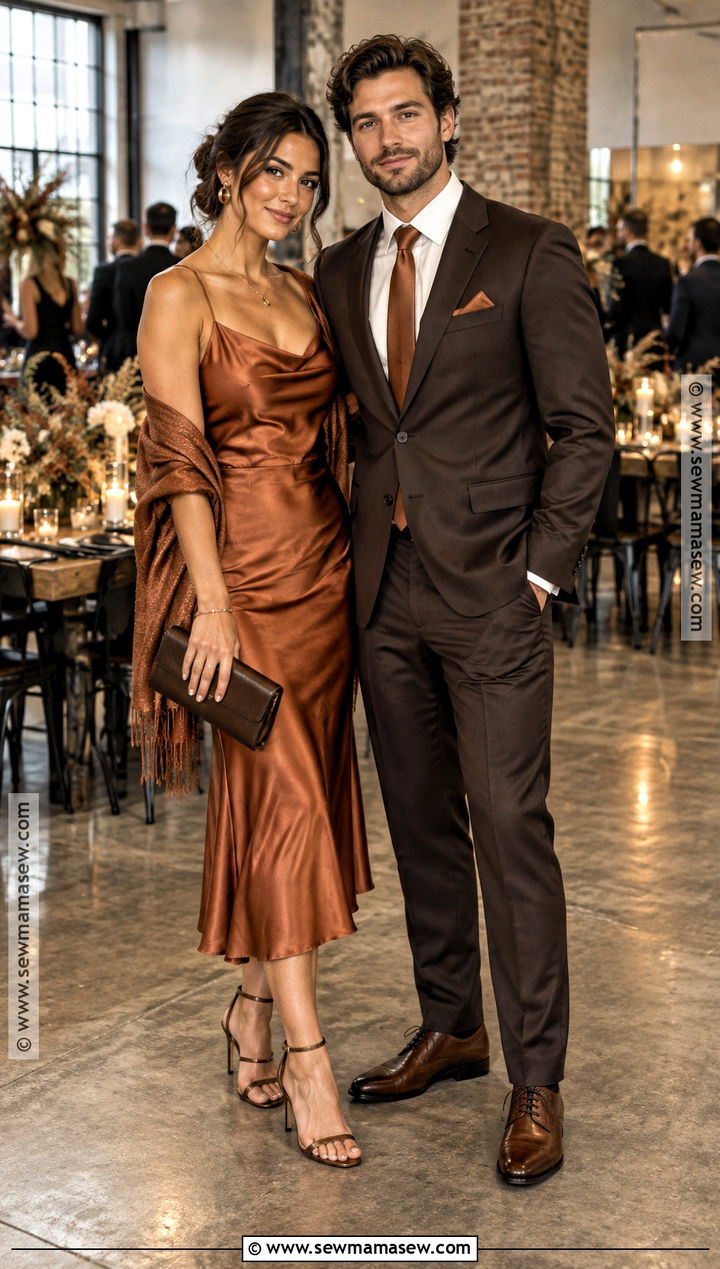 Copper Slip Dress And Espresso Suit Fall Wedding Guest Outfit - 15 couples wedding guest outfits fall