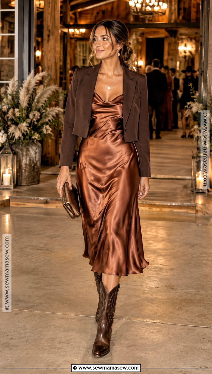 Copper Slip Dress With Chocolate Fall Wedding Cowboy Boots - 15 Fall Wedding Cowboy Boots