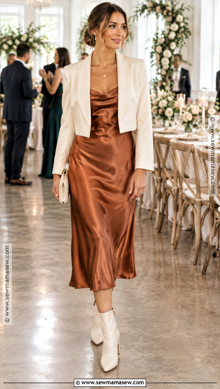 Copper Slip Dress With Cream Ankle Boots - 20 Fall Wedding Guest Dress With Boots
