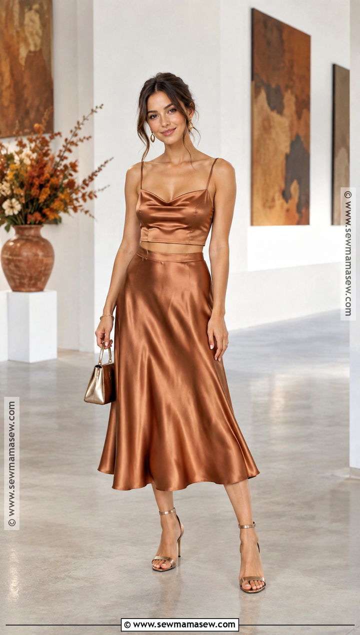 Copper Two Piece Skirt Set Wedding Outfit - 15 autumn chic wedding outfit ideas