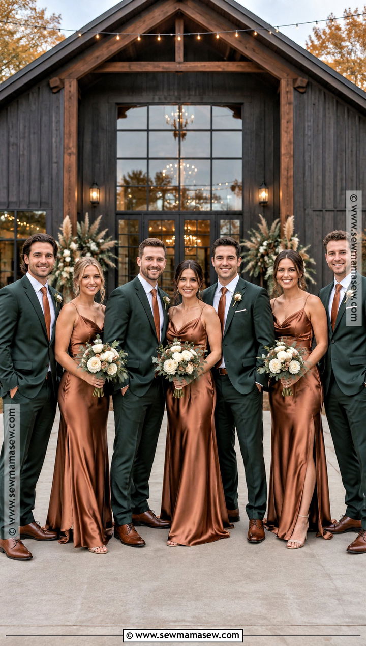 Copper and Deep Green Wedding Party Attire - 15 wedding party attire color schemes fall ideas