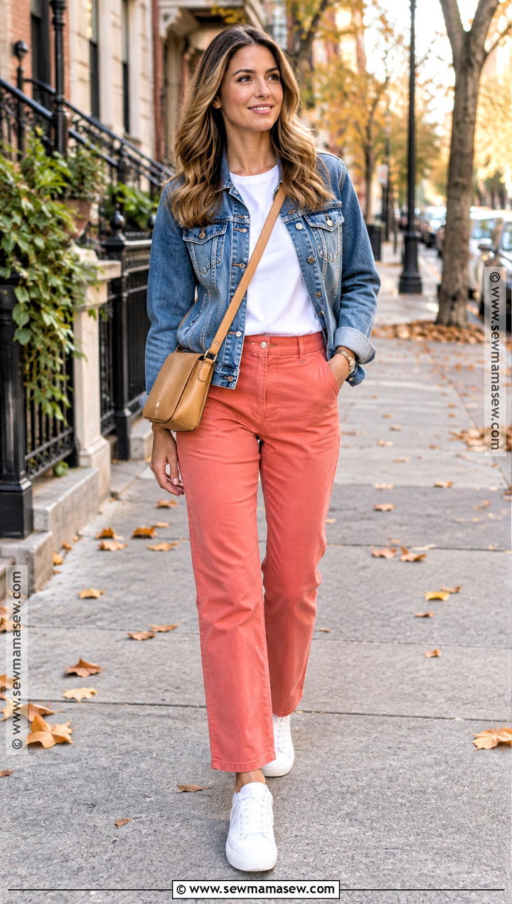 Coral Pants With Denim Jacket And White Sneakers - 15 coral pants outfit fall