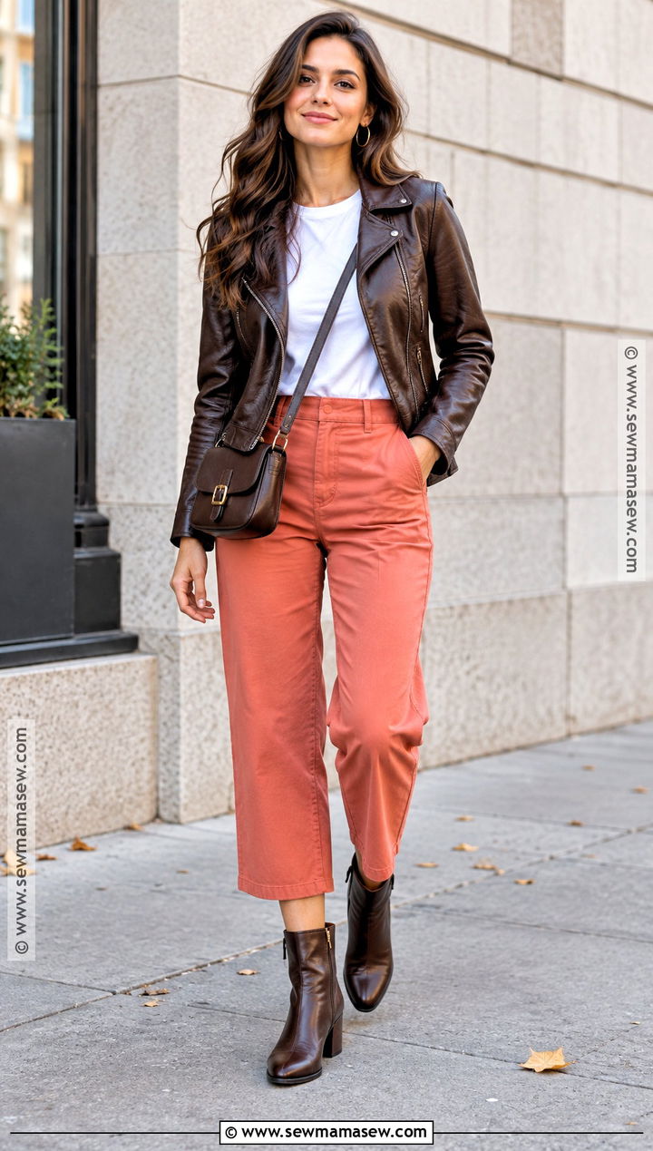 Coral Pants With Leather Jacket And White Tee - 15 coral pants outfit fall