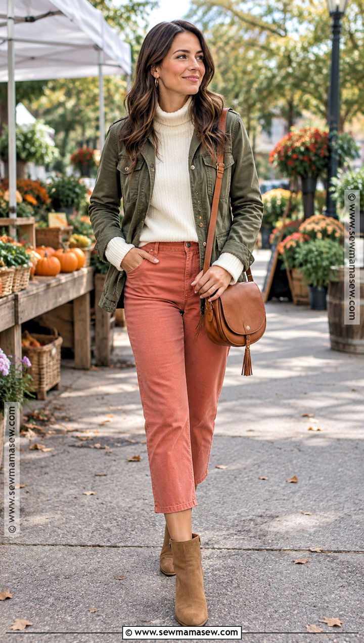 Coral Pants With Olive Jacket And Tan Boots - 15 coral pants outfit fall