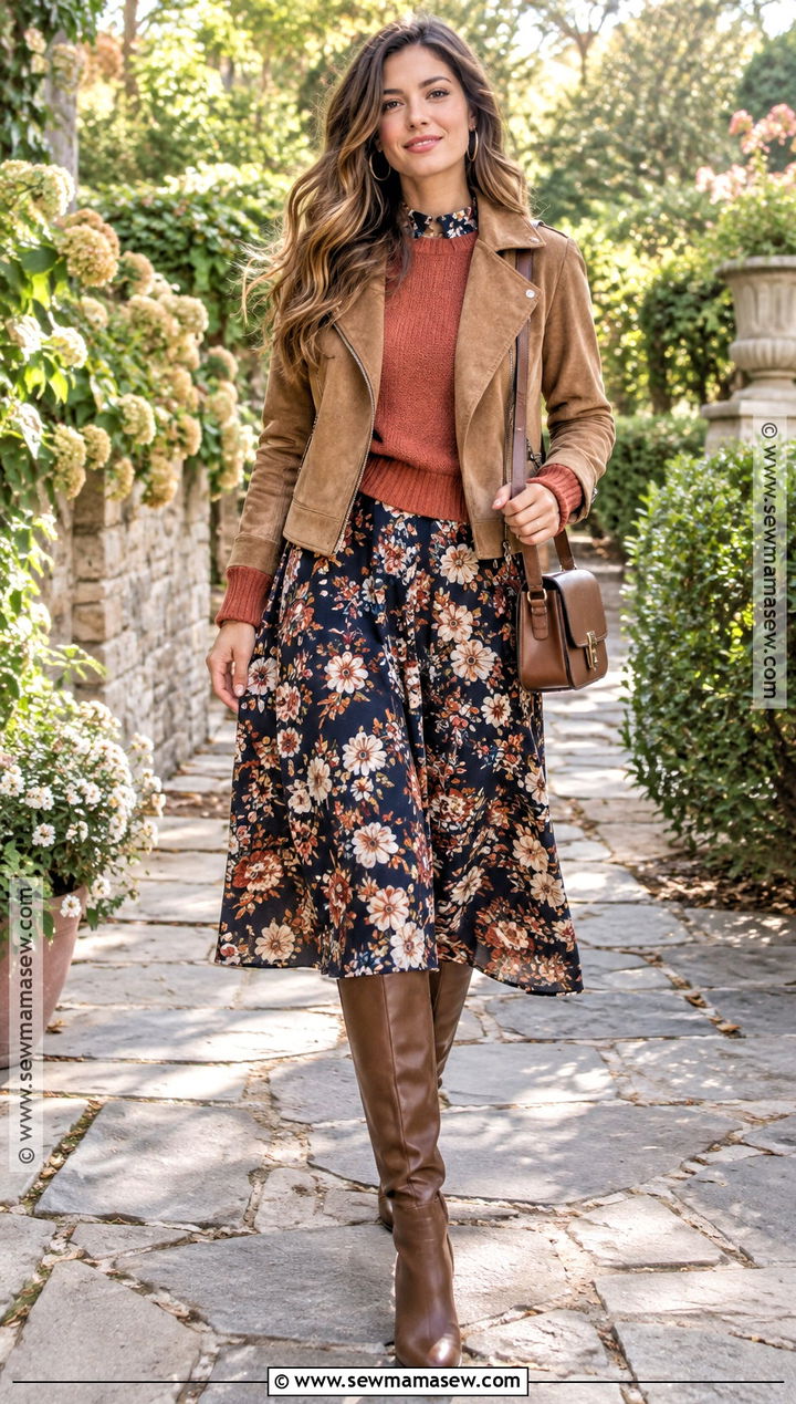 Coral Sweater Over A Floral Midi Dress - 15 Coral Sweater Fall Fashion Ideas
