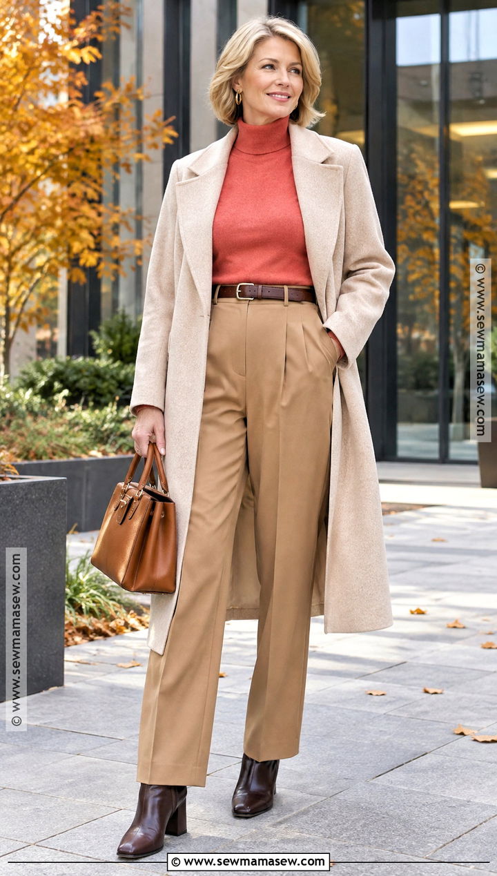 Coral Sweater With Camel Trousers - 15 Coral Sweater Fall Fashion Ideas
