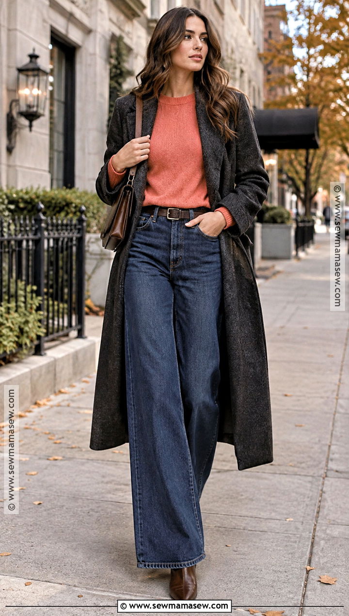 Coral Sweater With Dark Wash Wide Leg Jeans - 15 Coral Sweater Fall Fashion Ideas