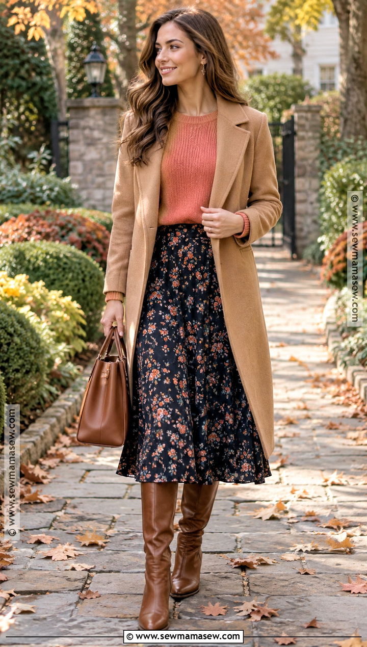 Coral Sweater With Floral Midi Skirt - 15 Coral Sweater Outfit Fall Ideas
