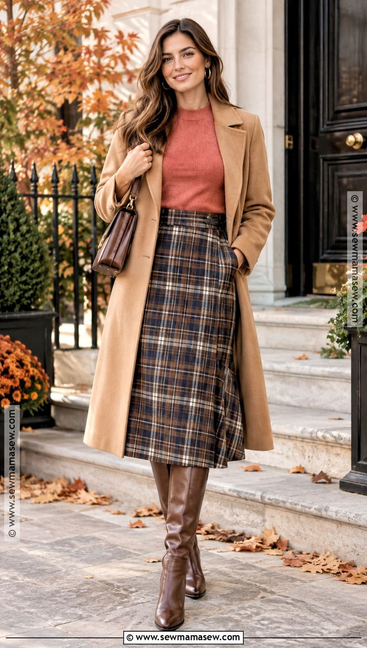 Coral Sweater With Plaid Midi Skirt - 15 Coral Sweater Outfit Fall Ideas