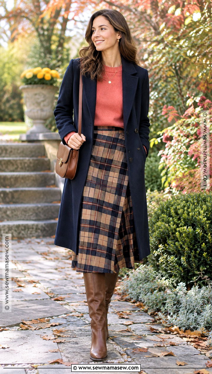 Coral Sweater With Plaid Midi Skirt - 15 Coral Sweater Fall Fashion Ideas