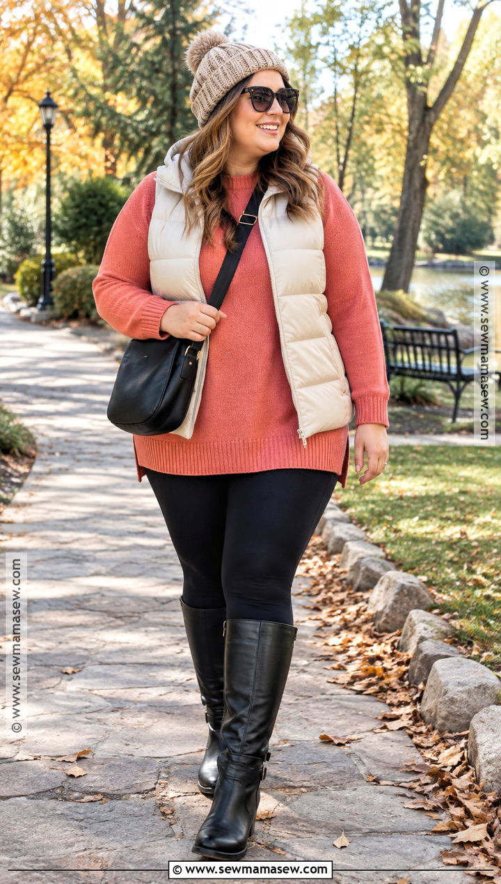 Coral Sweater With Puffer Vest And Leggings - 15 Coral Sweater Fall Fashion Ideas
