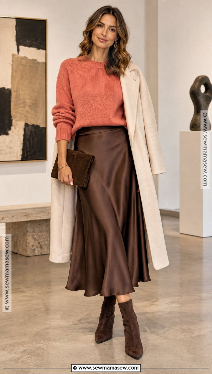 Coral Sweater With Satin Midi Skirt - 15 Coral Sweater Fall Fashion Ideas