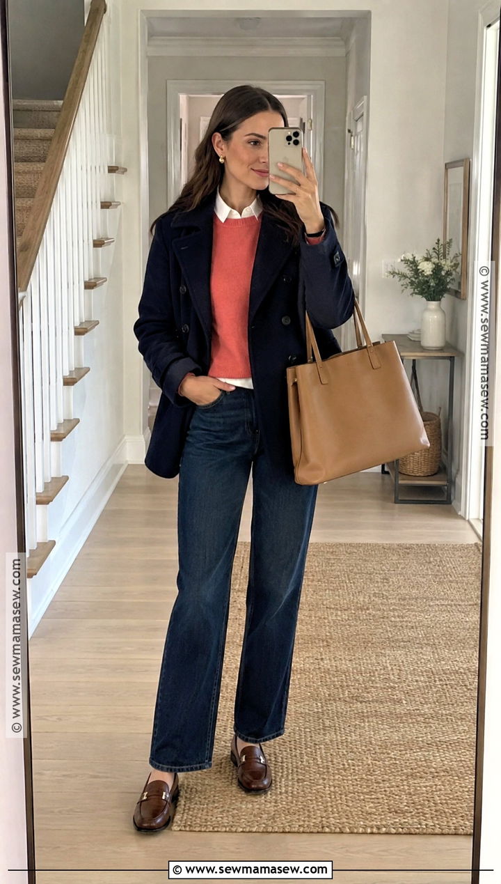 Coral Sweater With White Shirt And Jeans - 15 Coral Sweater Fall Fashion Ideas