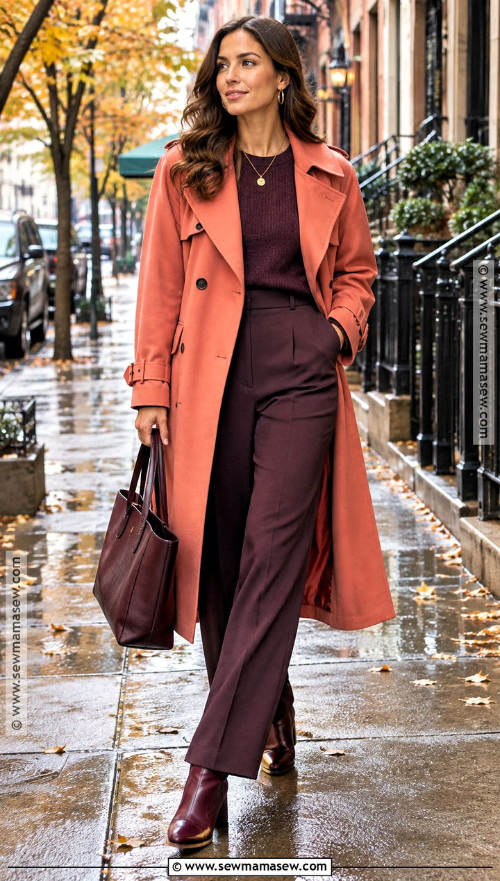Coral Trench Coat And Aubergine Matching Set Fall Outfit - 20 Fall Colorful Outfits