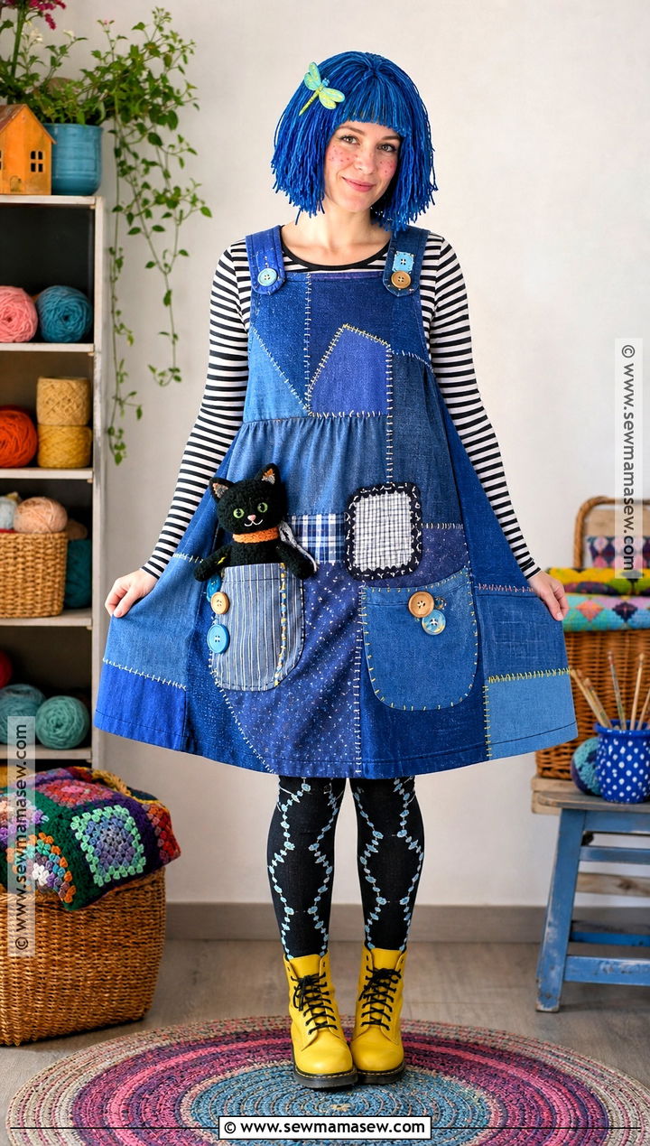 Coraline Doll Costume With Patchwork Dress - 30 caroline costume ideas