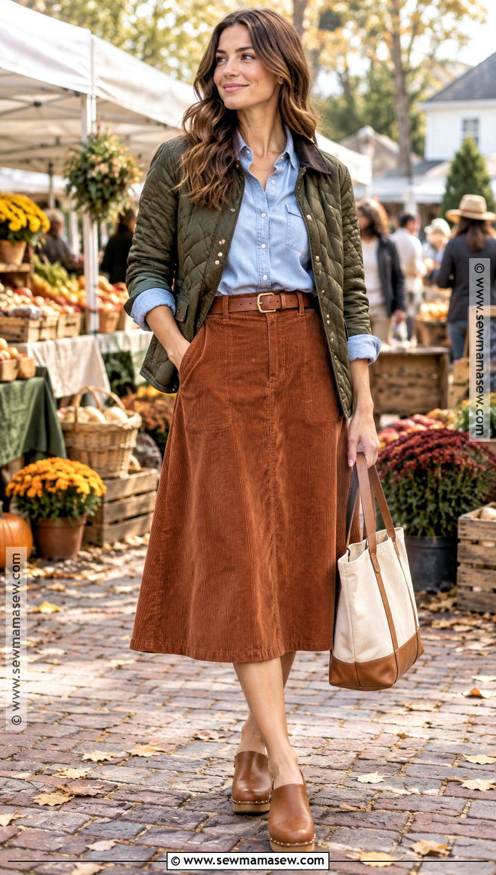Corduroy A Line Skirt With Chambray Shirt And Clogs - 20 skirt for fall ideas