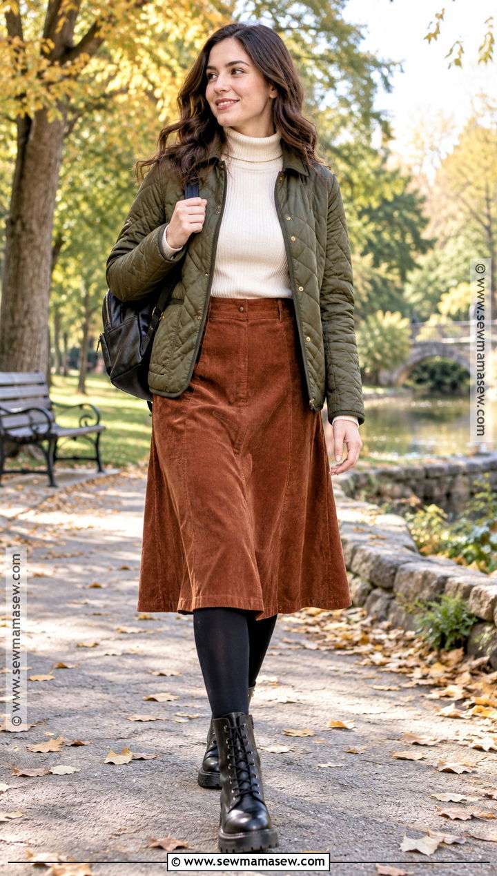 Corduroy A Line Skirt With Combat Boots - 20 Skirt Boots Outfit Fall
