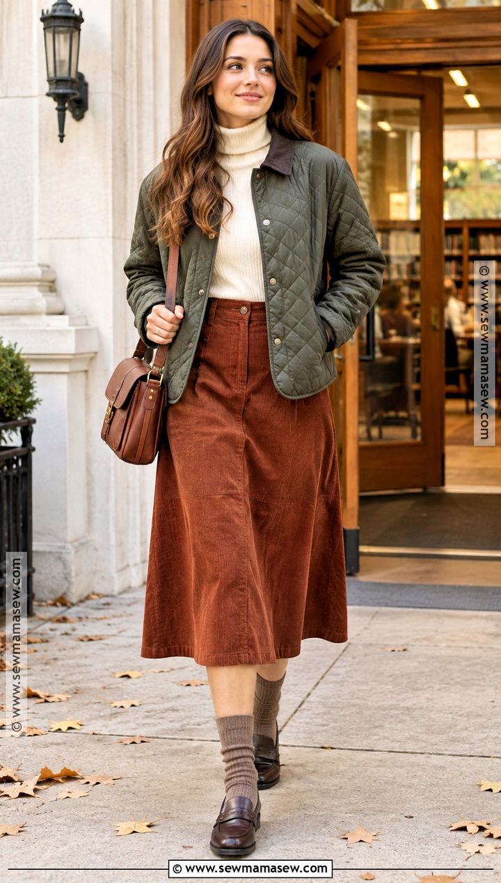 Corduroy A Line Skirt With Turtleneck and Loafers - 15 fall skirts 2026