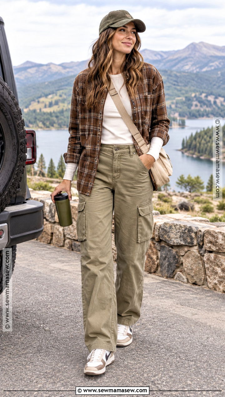 Corduroy Baseball Cap With Shacket and Cargo Pants - 20 fall hat ideas