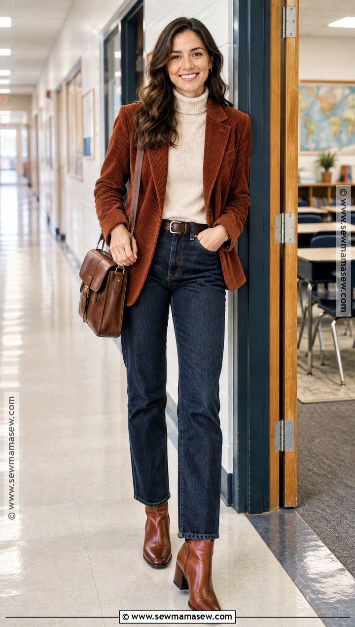 Corduroy Blazer And Dark Denim Teacher Outfit - 15 fall fashion ideas for teachers