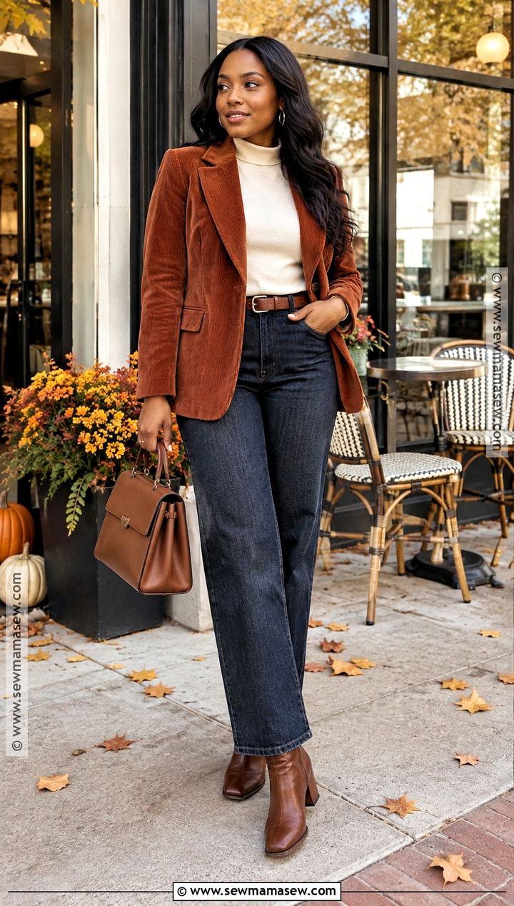 Corduroy Blazer And Dark Jeans Autumn Outfit - 25 autumn outfits for black women
