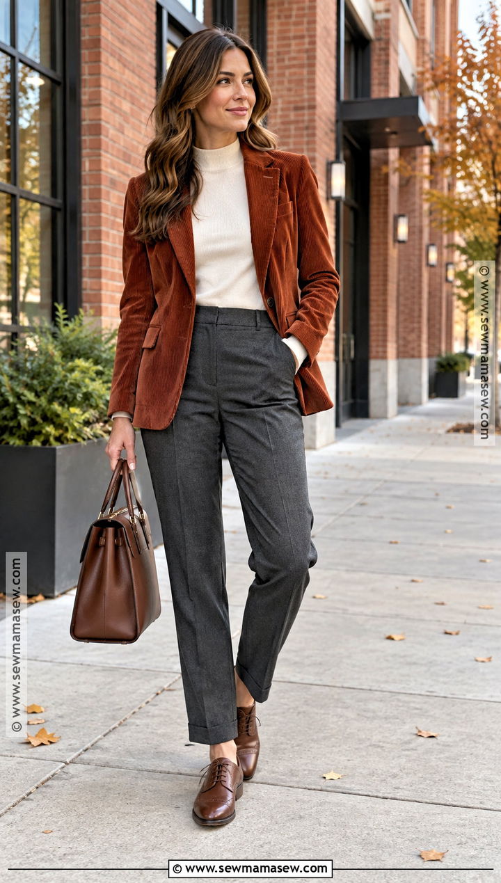 Corduroy Blazer And Neutral Trousers Autumn Business Casual Outfit - 25 Autumn Business Casual Outfits