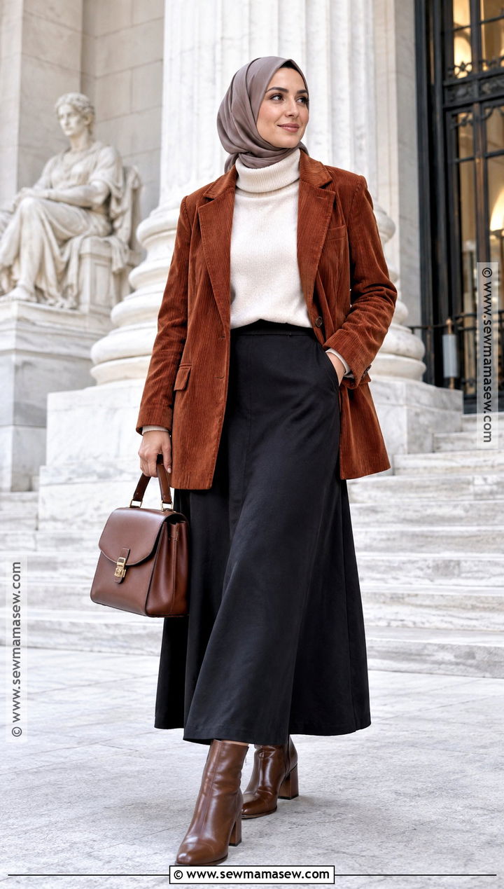 Corduroy Blazer Hijabi Outfit With A Line Skirt - 25 fall hijabi outfits