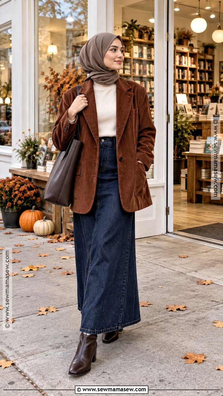 Corduroy Blazer With Denim Maxi Skirt And Boots - 20 Muslim Fall Outfits