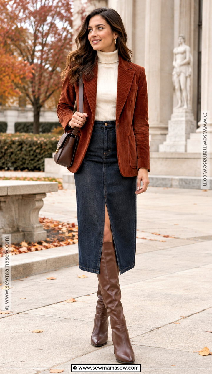 Corduroy Blazer With Denim Midi Skirt - 20 blazer fall outfits