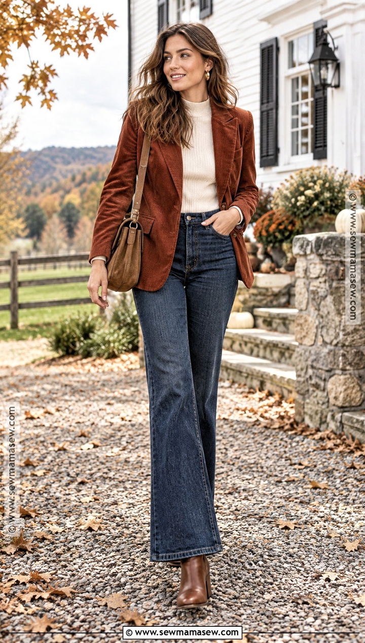 Corduroy Blazer With Flared Jeans - 20 blazer autumn outfit ideas