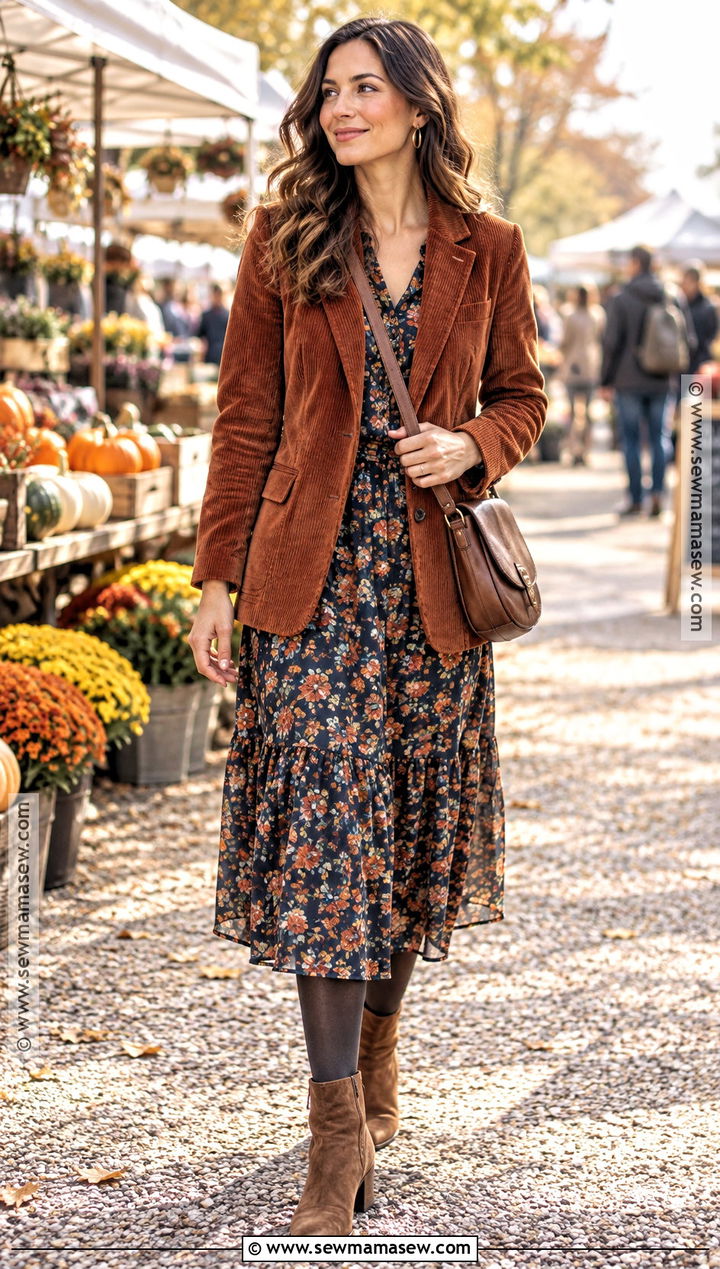 Corduroy Blazer With Floral Dress And Ankle Boots - 20 fall blazer outfits