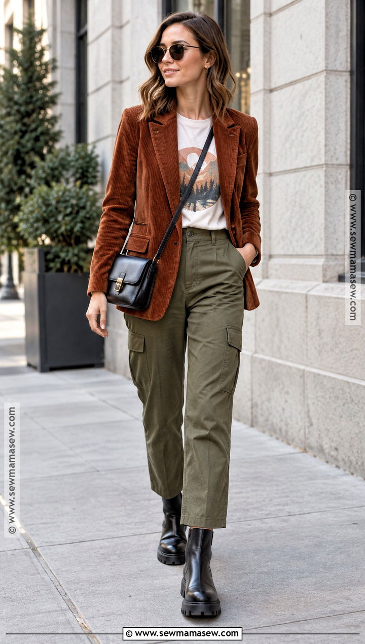 Corduroy Blazer With Graphic Tee And Cargo Pants - 15 Corduroy Blazer Fall Fashion Ideas