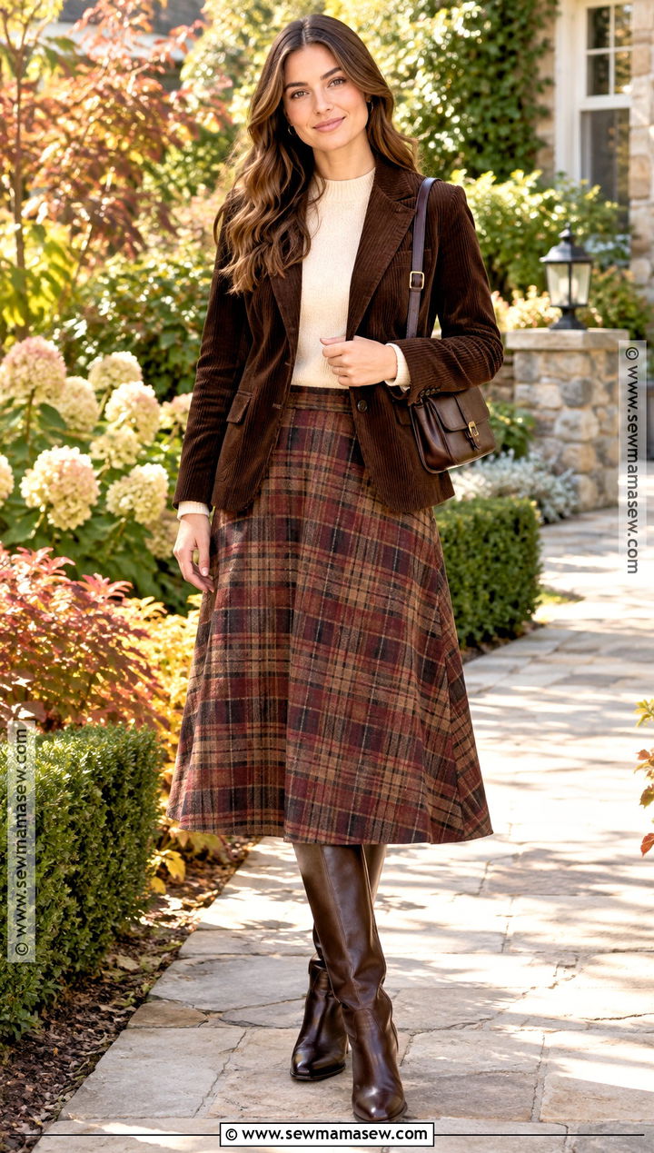 Corduroy Blazer With Plaid Midi Skirt - 15 Corduroy Blazer Fall Fashion Ideas