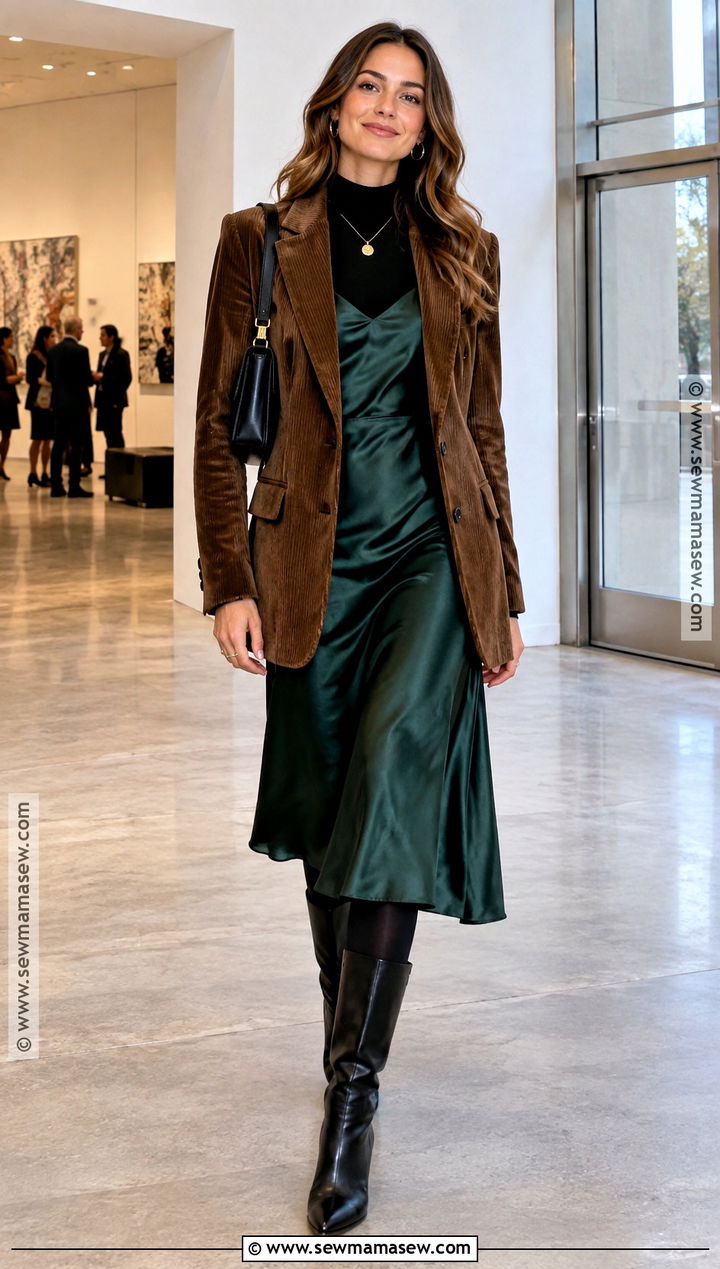Corduroy Blazer With Slip Dress And Boots - 15 Corduroy Blazer Fall Fashion Ideas